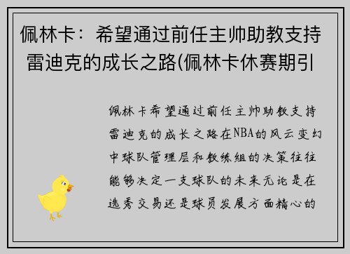 佩林卡：希望通过前任主帅助教支持 雷迪克的成长之路(佩林卡休赛期引援一塌糊涂)