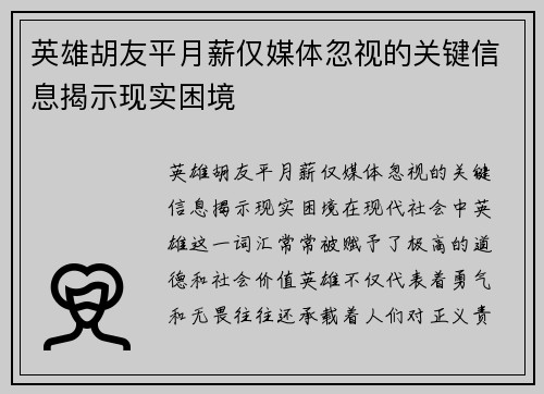 英雄胡友平月薪仅媒体忽视的关键信息揭示现实困境