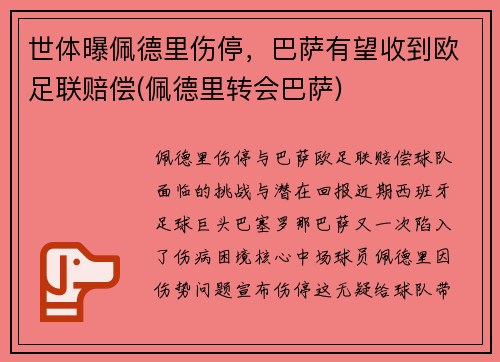 世体曝佩德里伤停，巴萨有望收到欧足联赔偿(佩德里转会巴萨)