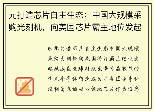 元打造芯片自主生态：中国大规模采购光刻机，向美国芯片霸主地位发起挑战